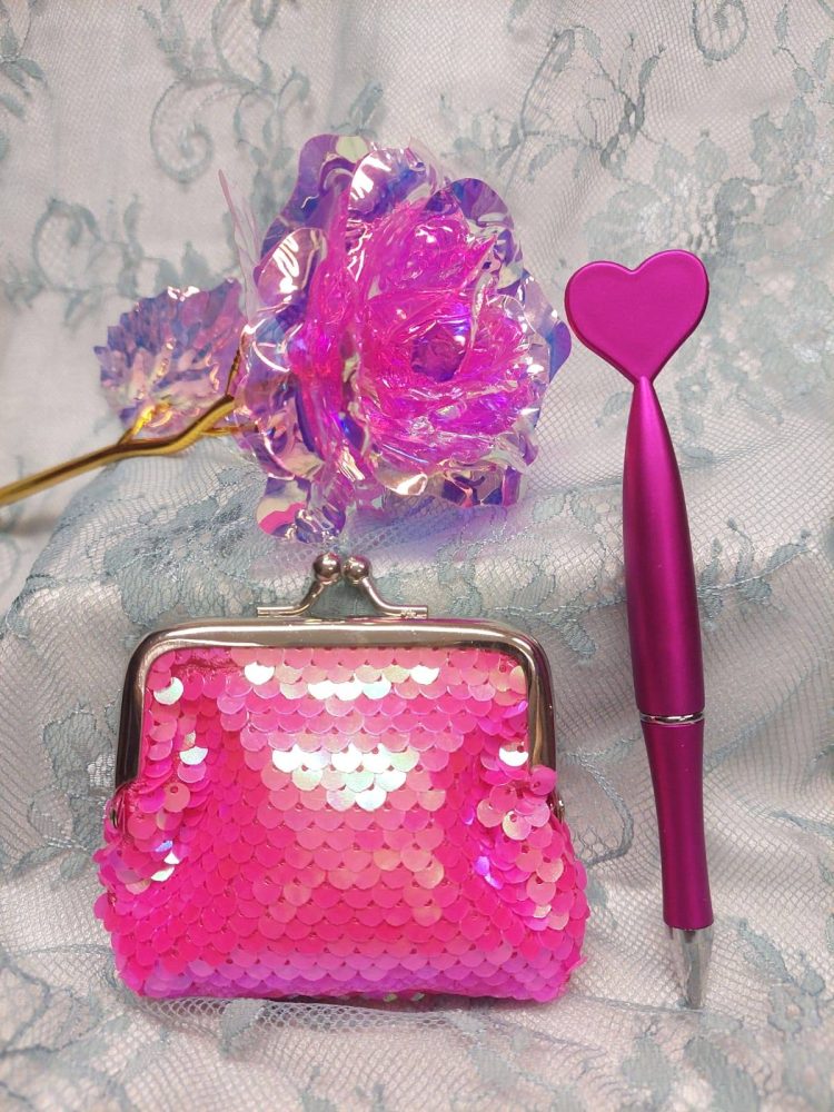 Sydänystävälle -tarjouspaketti: Kimalleruusu + Paljettikukkaro + Sydän-kimallekynä, eri väreissä - Image 21