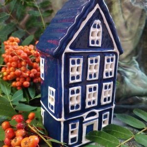 Isokokoinen keraaminen sinivalkoinen Talolyhty led-valoilla, 19,5 cm