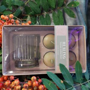 Omenanvihreä Lahjapakkaus: kynttiläkippo + 4 kynttilää