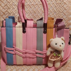 Persoonallinen Käsi-, Olkalaukku värikaistaleilla ja Nallella