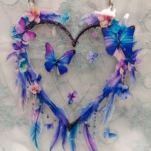 Kaunis sydämen muotoinen Ikkunakoriste, Perhoset ja Unisieppari, 20 cm