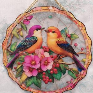 Kaunis Ikkunakoriste, Rakastavaiset Linnut Kukkaoksalla, 20 cm