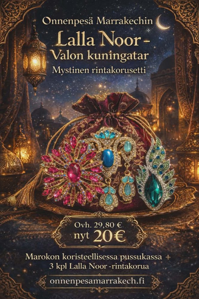 Marokon kuningattaren Mysteerikorusetti; Marokon pussukka ja 3 kpl näyttävää, kaunista Rintakorua
