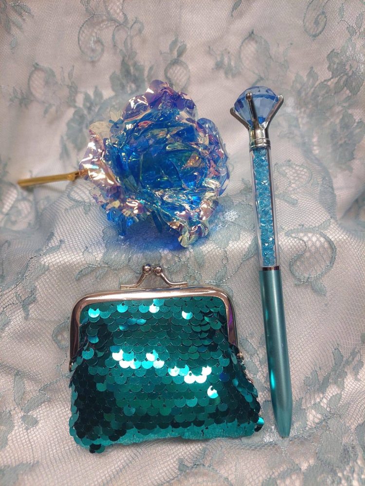 Sydänystävälle -tarjouspaketti: Kimalleruusu + Paljettikukkaro + Sydän-kimallekynä, eri väreissä - Image 14