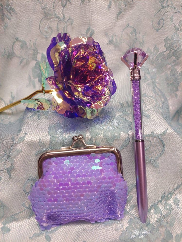 Sydänystävälle -tarjouspaketti: Kimalleruusu + Paljettikukkaro + Sydän-kimallekynä, eri väreissä - Image 3