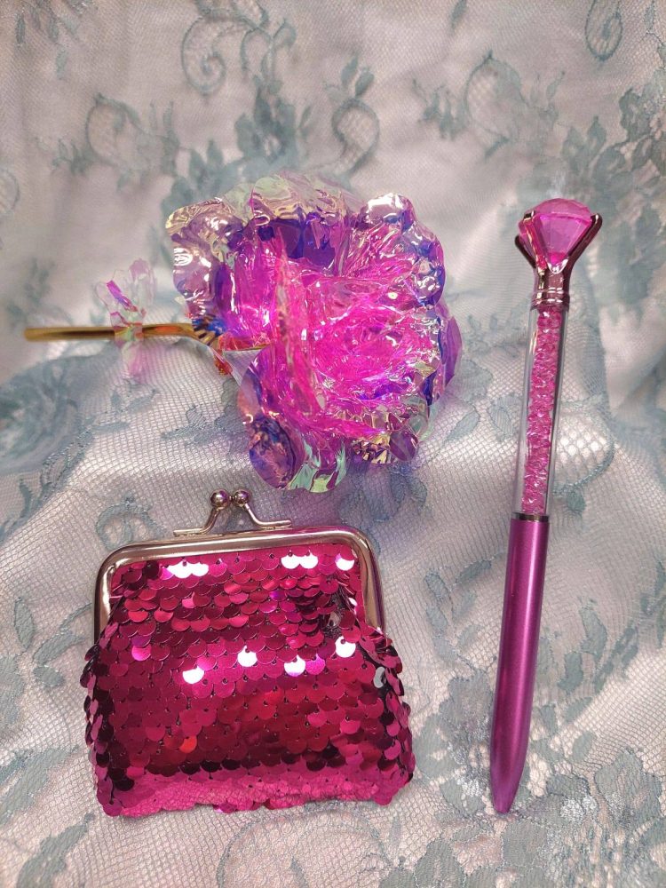 Sydänystävälle -tarjouspaketti: Kimalleruusu + Paljettikukkaro + Sydän-kimallekynä, eri väreissä - Image 10