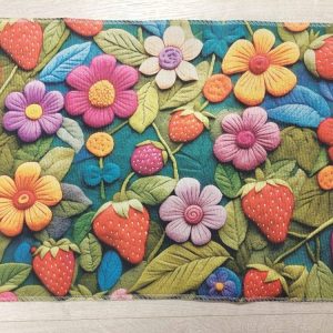 Kaunis, värikäs Kynnysmatto/ vessan matto jarrupohjalla, Ilon kukat ja mansikat