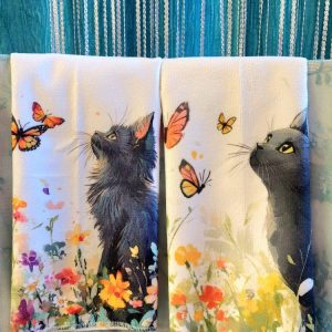 Pehmeä, laadukas Käsipyyhe, Musta kissa niityllä, 2 kpl