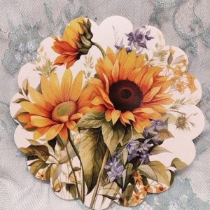 Kaunis pitsireunainen Vanerialunen, Auringonkukat, 15 cm