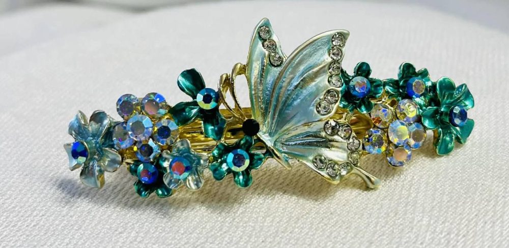 Kaunis Hiussolki Perhosella, kristelleilla ja timanteilla, turkoosi