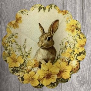 Pellavainen pitsireunainen Liina/ tabletti, Pupu ja kevään Narsissit