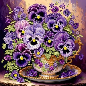 Kaunis Timanttihelmityö, Orvokit kupissa, 20 x 20 cm