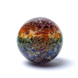 Orgoniittipallo jalustalla, 7 chakraa, Ohm-symboli, Feng Shui