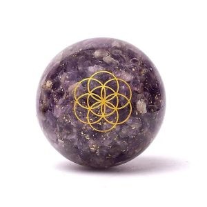 Orgoniittipallo ja jalusta, Ametisti, Elämänsiemen- ja Ohm-symbolit, Feng Shui