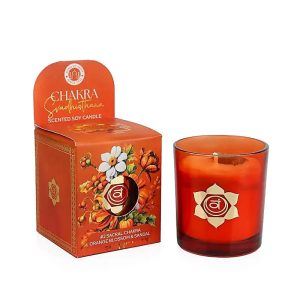 Luonnon Chakra -Tuoksuöljykynttilä lasikulhossa + Hoitava kivi -Lahjapakkaus, Appelsiininkukka, santelipuu, luovuus, tunteiden tasapaino