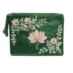 Käsintehty Samettinen pussukka kirjonnalla ja koristehelmillä, Lotus-symboli ja kukat, metsänvihreä