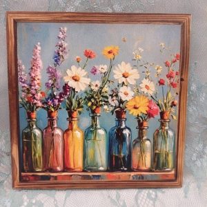 Kaunis Vintage-taulu, Kukat lasipulloissa