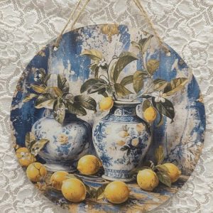 Rustiikkinen Taulu/ alunen, Sitruunat Posliiniruukuissa, 13 cm