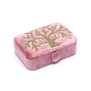 Käsintehty Samettirasia kauniilla kirjonnalla ja helmikoristeilla, Elämänpuu, pinkki