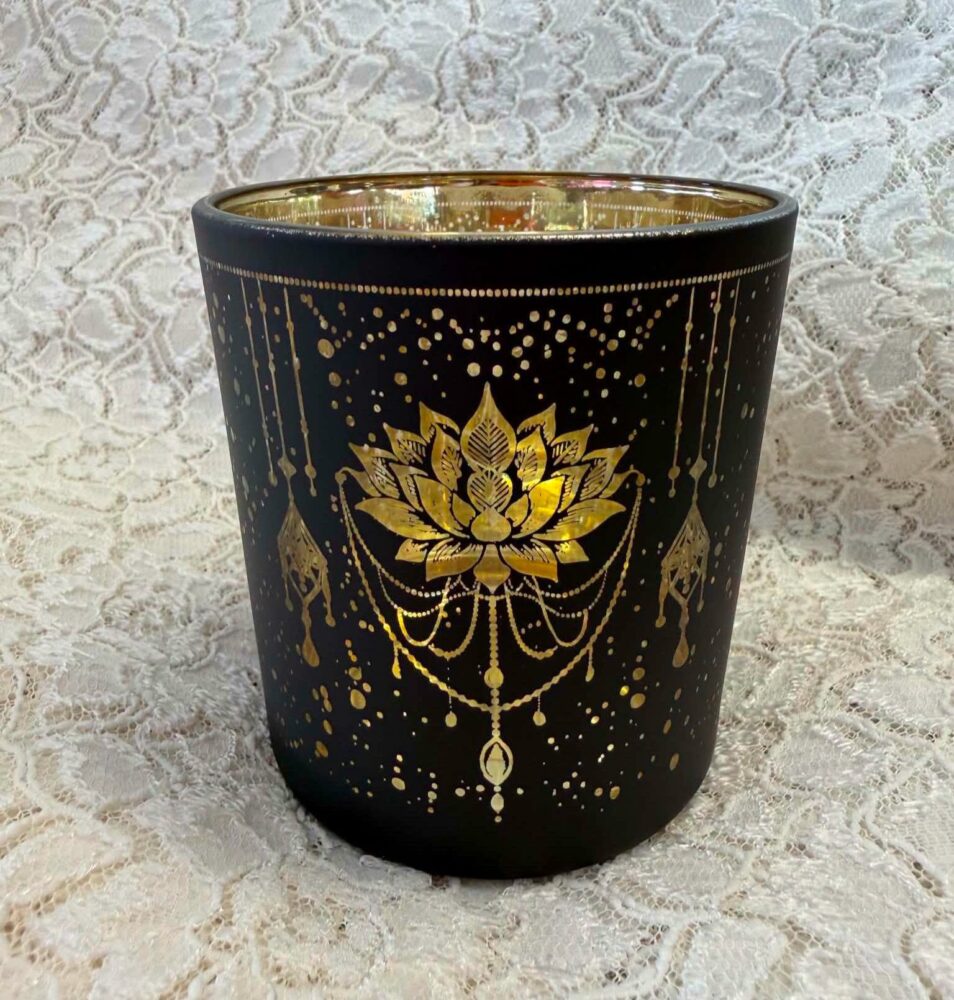 Mystinen Lotus -Tuikkulyhty, huurrettu lasi, metallinhohtoinen, 8 cm