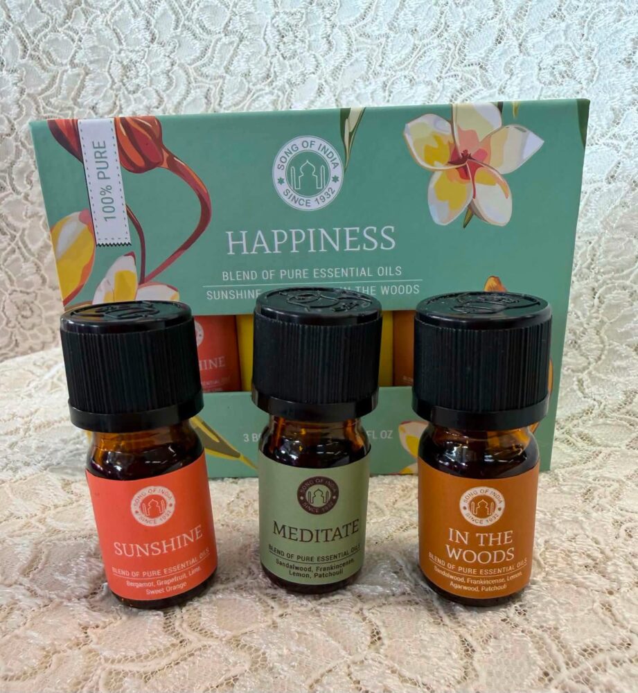 Aromaterapia -Tuoksuöljysetti Happiness, Onnellisuus, 3 pulloa, kaunis lahjapakkaus
