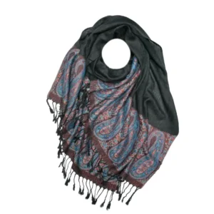 Marokon iso Pashmina-huivi, musta, värikkäät kuviot