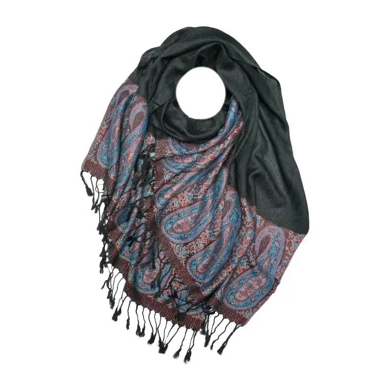 Marokon iso Pashmina-huivi, musta, värikkäät kuviot