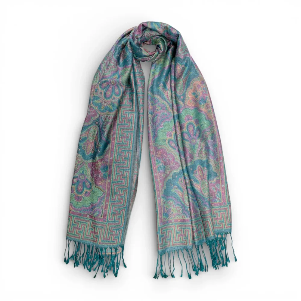 Marokon iso Pashmina-huivi, mintunvihreä/persikka/ pastelli, koristeet - Image 3