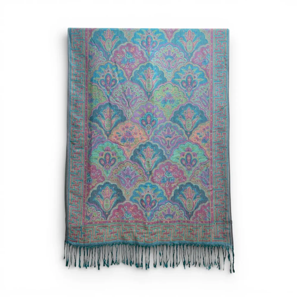 Marokon iso Pashmina-huivi, mintunvihreä/persikka/ pastelli, koristeet