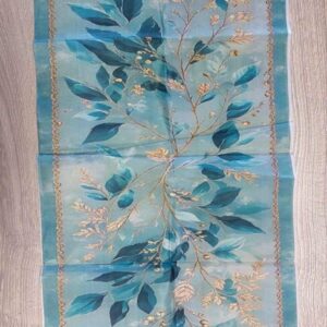 Ohut silkkimäinen Kaitaliina, Turkoosit ja kultaiset lehdet, 90 cm