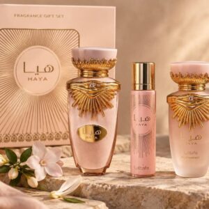 Lattafa Haya -Säihkyvä Lahjasetti: Parfyymi iso + matkakoko + Hius/ Bodyspray Lahjapakkauksessa