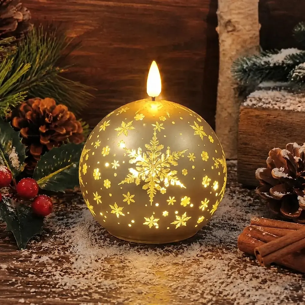 Kultainen Led-Pallokynttilä, Lumihiutaleet, 10 cm