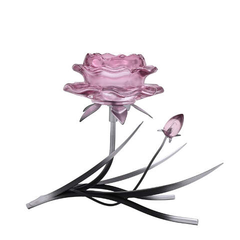 Kaunis, näyttävä lasinen pinkki Ruusu-tuikkualunen, 18 cm